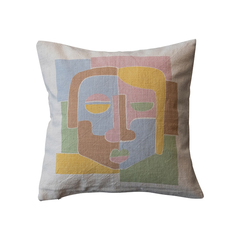 Woven Cotton Slub Printed Pillow with Abstract Face - Polyester - 18.0"L x 18.0"W x 0.5"H - Accent - Single - Multi