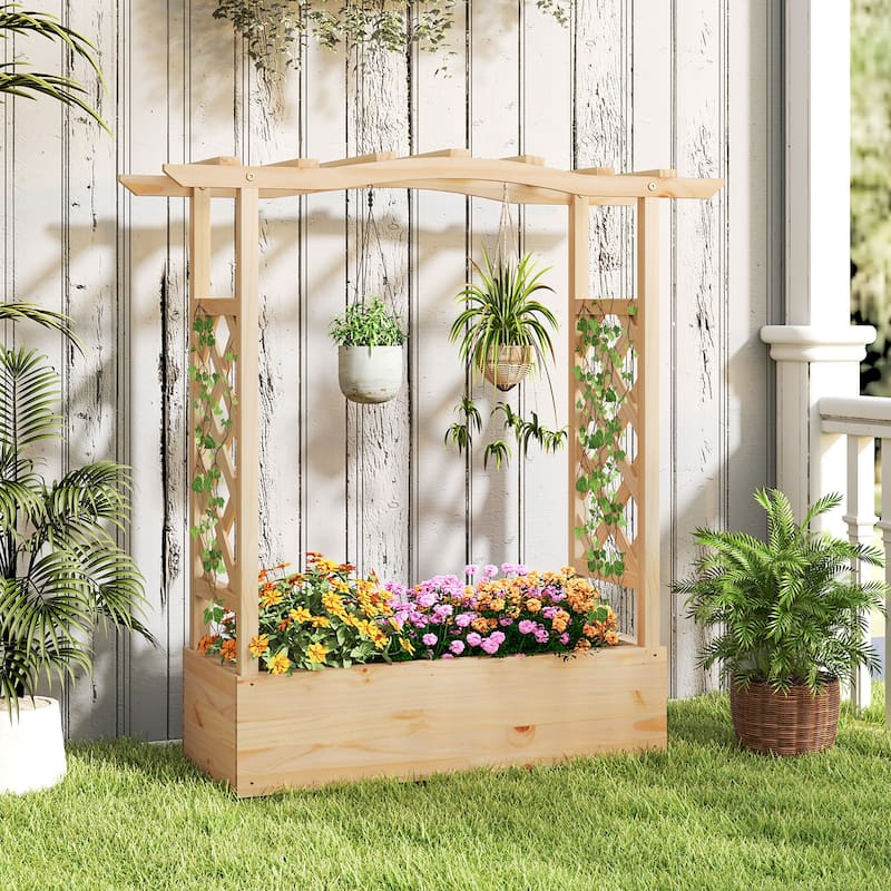 Gymax Wooden Raised Garden Bed w/ Trellis & Hanging Roof Planter Box