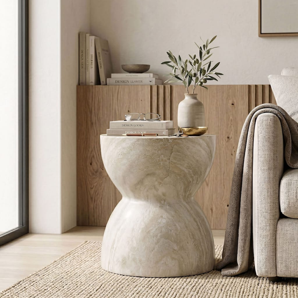 Furniture of America Pebba Modern Light Beige Ceramic Indoor/Outdoor Round Side Table with Marble Look