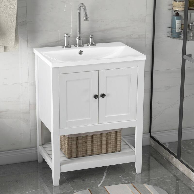 24" Bathroom Vanity with Ceramic Sink and Open Shelf