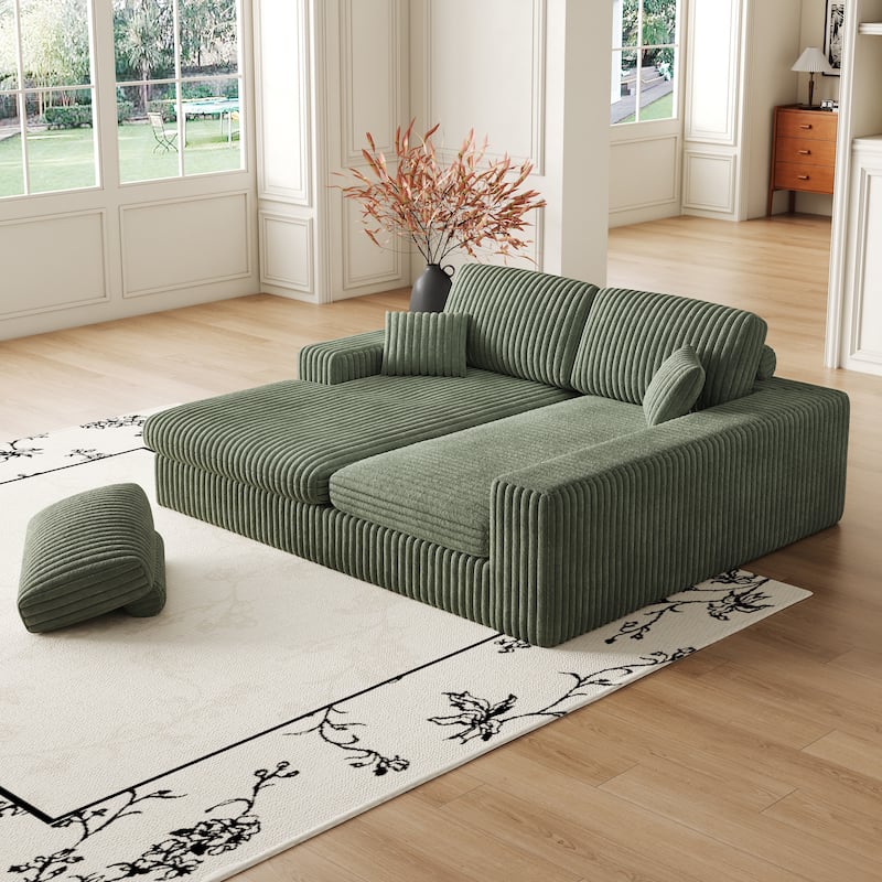 Corduroy Sleeper Sofa Bed L-shaped Sectional Sofa with Chaise, Living Room 2-in-1 Convertible Couch with Detachable Neck Pillows
