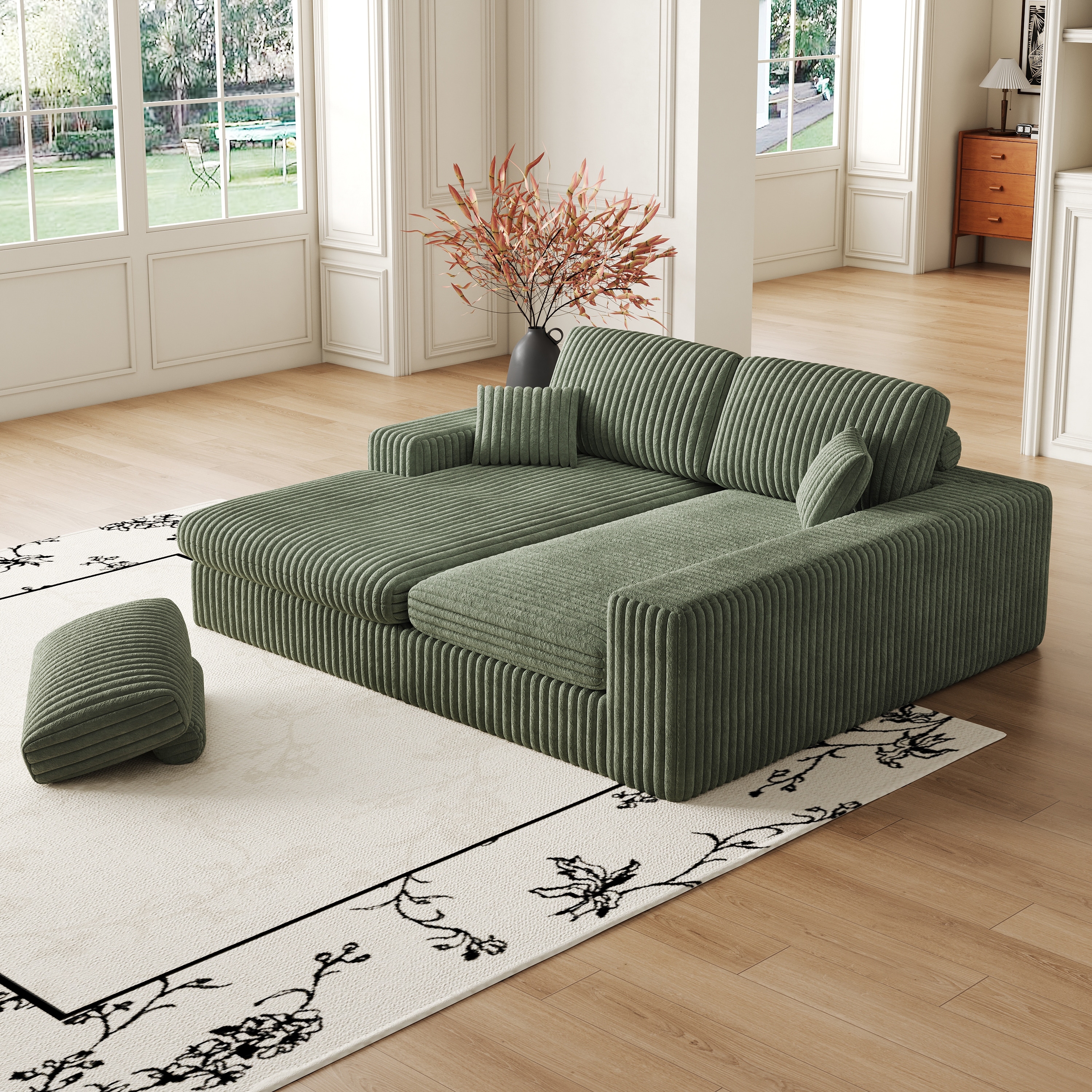 L-Shaped Sectional Sofa with Chaise Lounge, Corduroy Modular Foam Sofa, Upholstered Sofa with 2 Cushion & 2 Throw Pillows