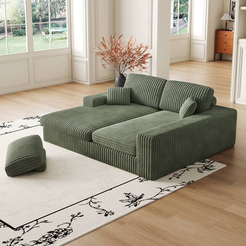L-Shaped Sectional Sofa with Chaise Lounge, Corduroy Modular Foam Sofa, Upholstered Sofa with 2 Cushion & 2 Throw Pillows - Green