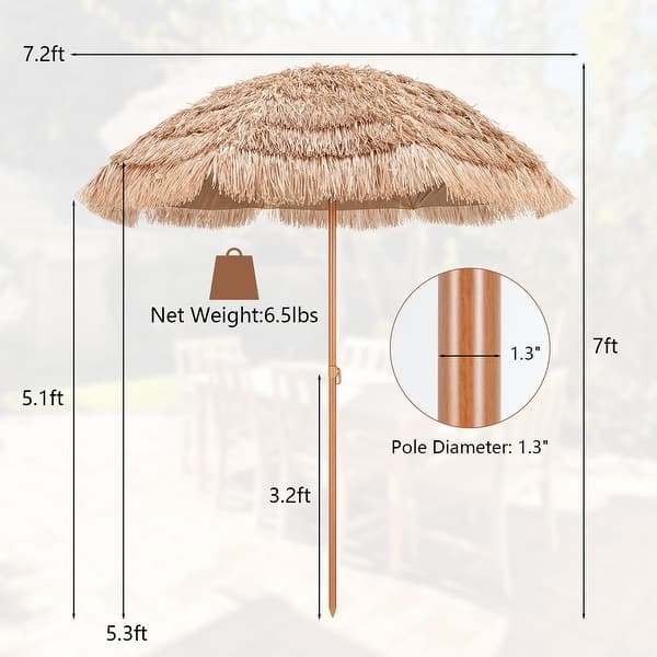 7.2/8 FT Patio Thatched Tiki Umbrella W/Tilt Hawaiian Hula Beach - On ...