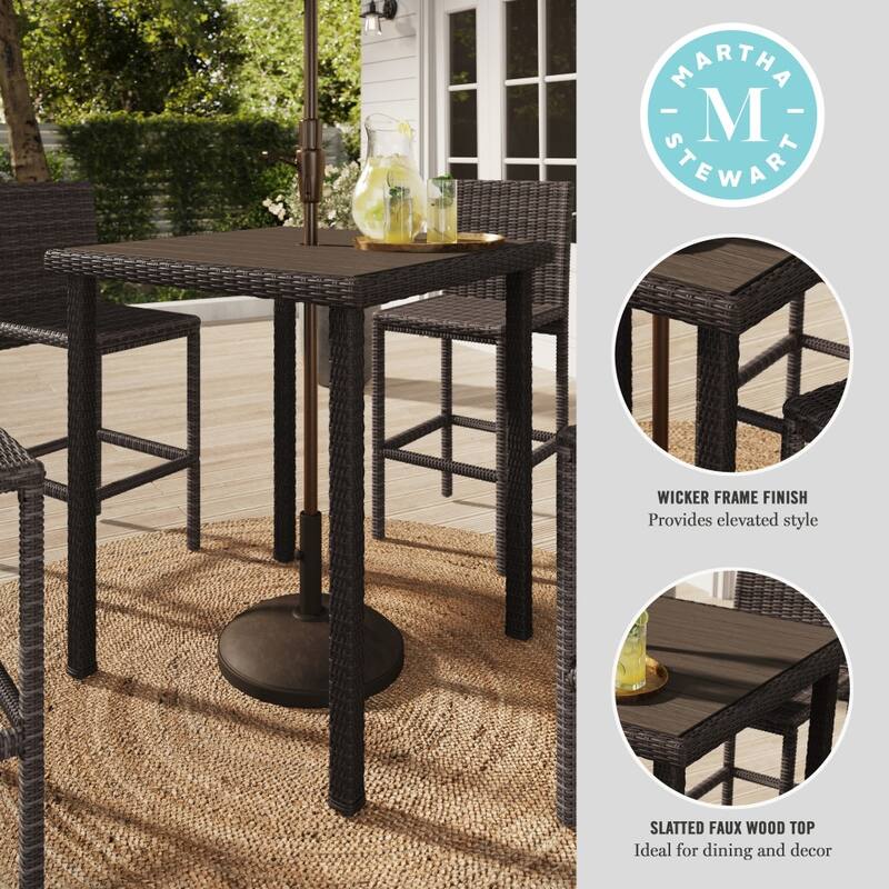Martha Stewart Outdoor Rattan Wicker Patio Bar Table with Engineered Wood Top - 37"W x 37"D x 41"H
