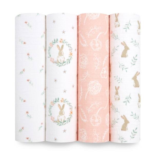 slide 2 of 5, aden + anais essentials cotton muslin swaddle blanket 4 pack blushing bunnies