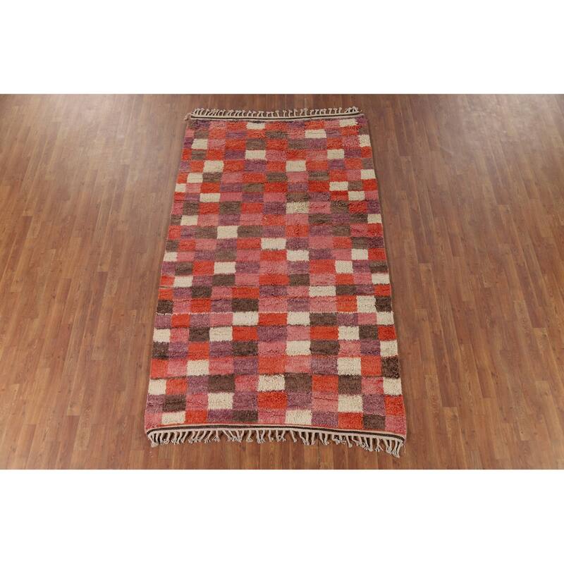 All-Over Checkered Moroccan Oriental Area Rug Handmade Wool Carpet - 5'1" x 6'6"