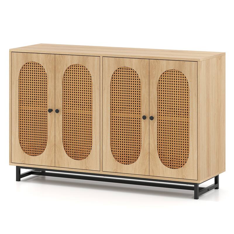 Natural Engineered Wood and Metal Buffet Sideboard with PE Rattan Doors - 50" × 16" × 32" - Natural