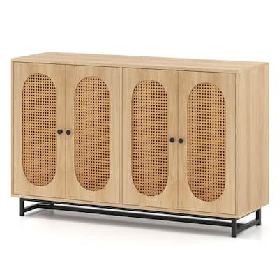 Natural Engineered Wood and Metal Buffet Sideboard with PE Rattan Doors - 50" × 16" × 32"