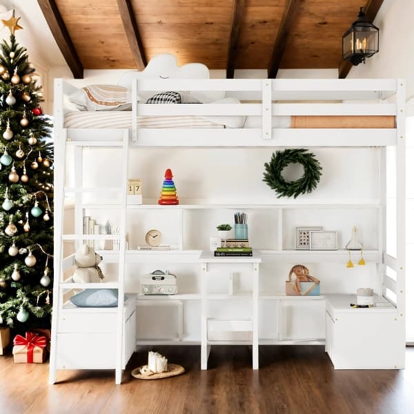 slide 2 of 16, Modern Twin Loft Bed with Desk,Storage Shelves & Drawers,Space-Saving Design White