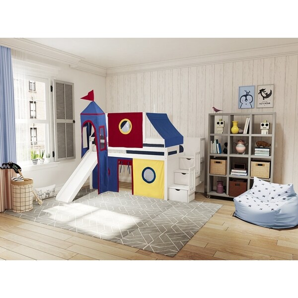 Jackpot Castle Low Loft Stairway Bed with Slide Red Blue Tent