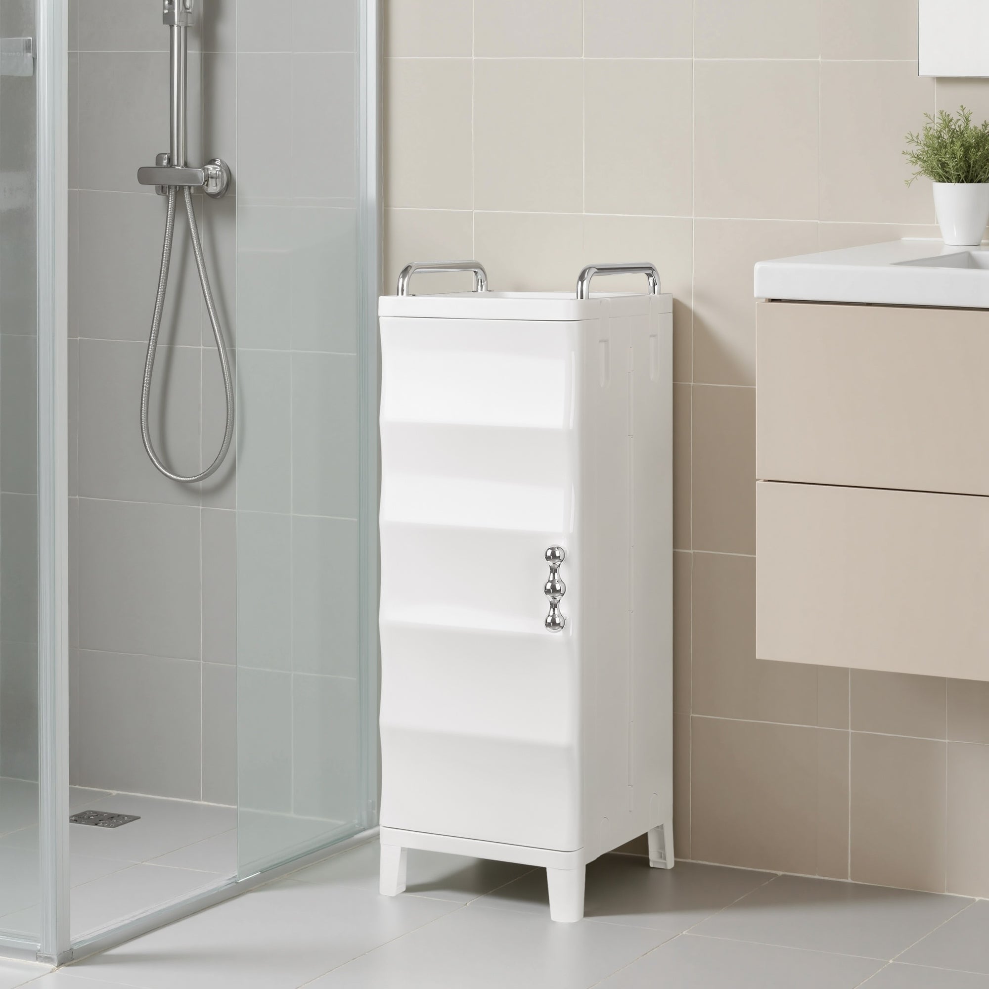 VECELO White Waterproof Plastic Bathroom Storage Cabinet with Adjustable Shelves Space Saving Narrow Cabinet with Handles