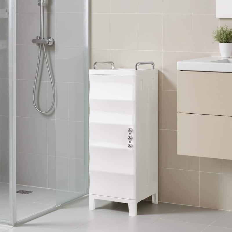 VECELO White Waterproof Plastic Bathroom Storage Cabinet with Adjustable Shelves Space Saving Narrow Cabinet with Handles - White - 1 Cabinet Door