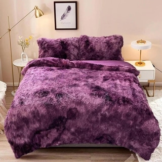 Fluffy Shaggy Comforter Set with 2 Pillowcases King Tie Dyed Purple ...