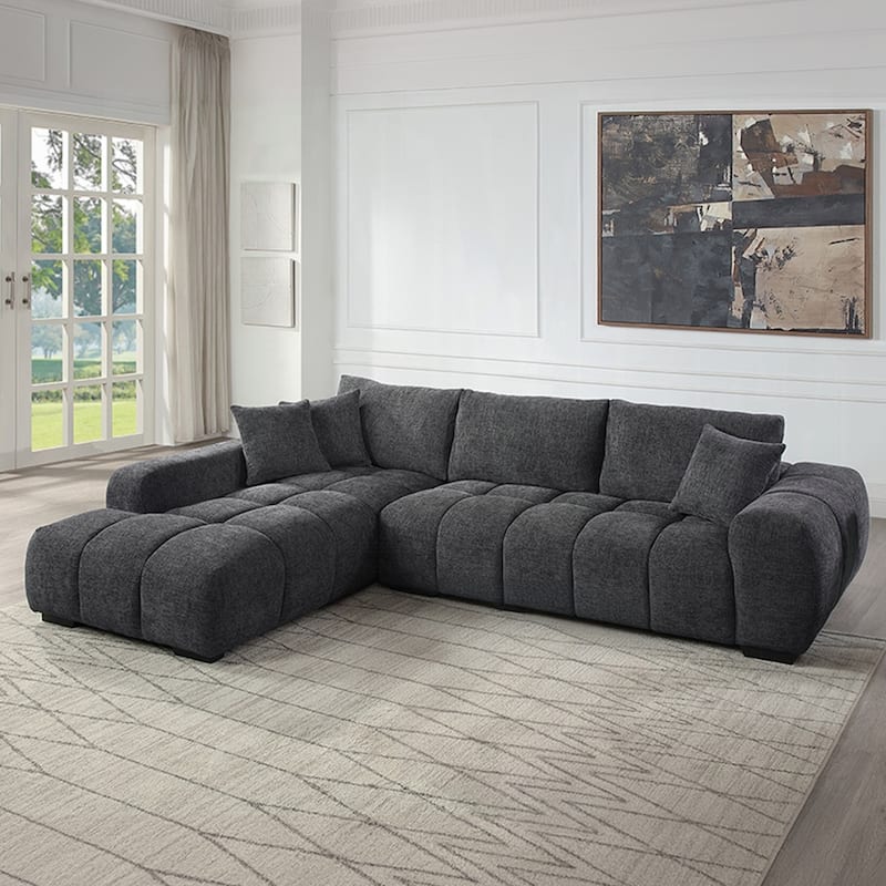 Chenille Upholstered Sectional Sofa with 3 Pillows in Gray