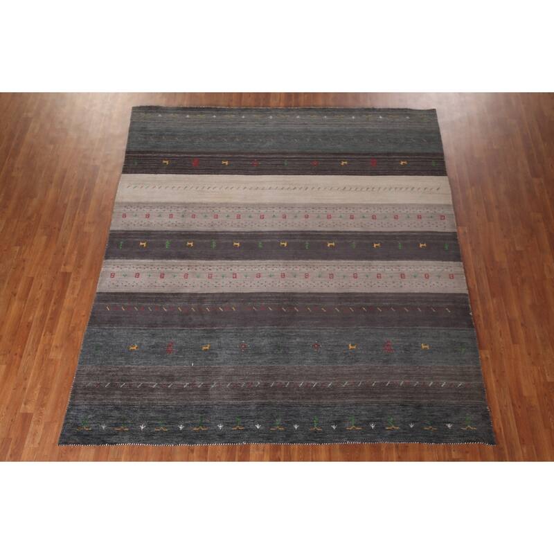 Tribal Striped Gabbeh Oriental Square Area Rug Handmade Wool Carpet - 8'6"x 9'4"