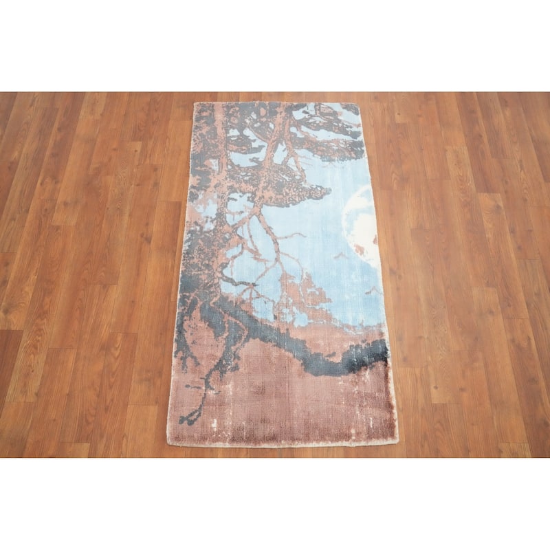 Hand Knotted Oriental Viscose Silk Carpet Modern Abstract Navy Blue & Blues Abstract Area Rug - 4' 0'' X 2' 0''