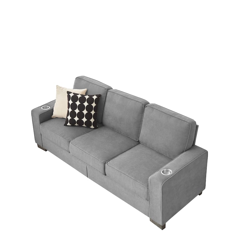 84.25" Velvet 3-Seater Sofa with Cup Holder Armrests and High-Density Spring Cushions