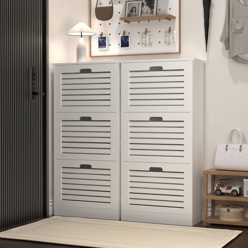 Wooden Shoe Cabinet for Entryway, White Shoe Storage Cabinet with 3 Flip Doors