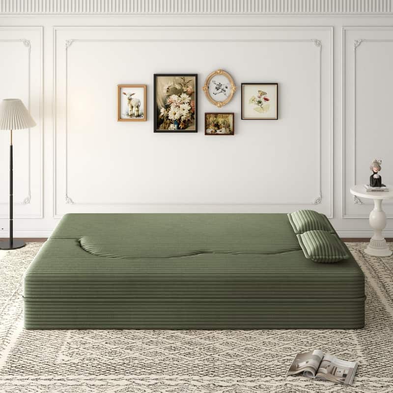 Modern 78" Full Size Convertible Corduroy Foam-Filled Sleeper Sofa,Modern Floor Sofa with 2 Pillows