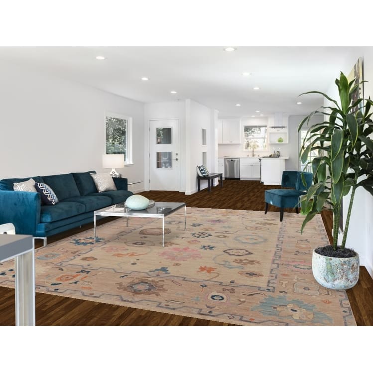 Hand Knotted Oriental 100% Wool Carpet Transitional All-Over Peach Oushak Area Rug - 12' 1'' X 9' 0''