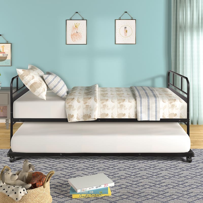 Twin Size Metal Daybed Platform Bed Frame with Pull-Out Trundle and Built-in Casters