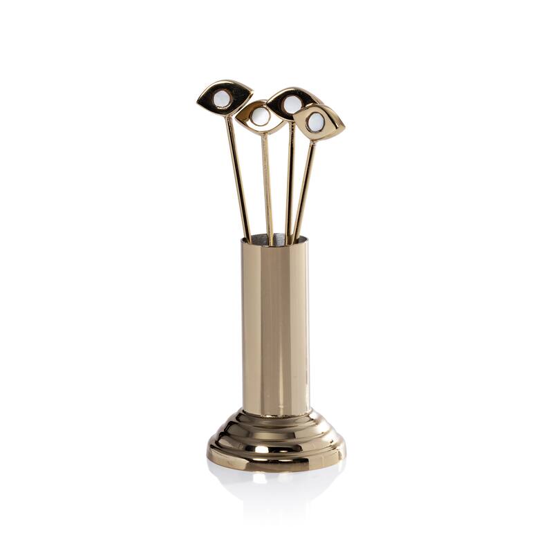 Evil Eye 4-Piece Set Cocktail Picks with Stand - Gold