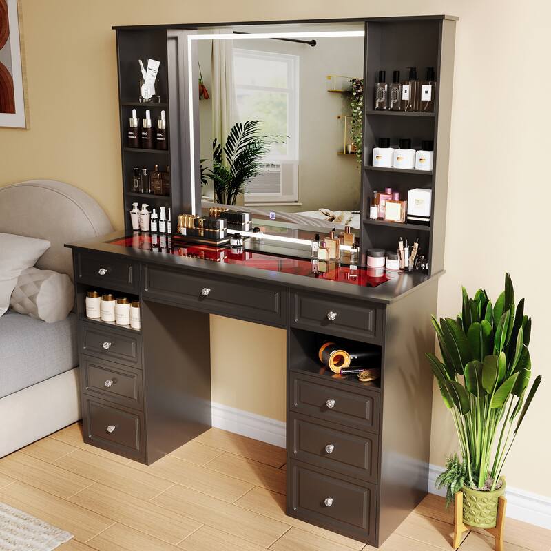Modern Vanity Set with Lighted Mirror,Extra Large Mirror Makeup Vanity Table with 9 Drawers,European Style Vanity