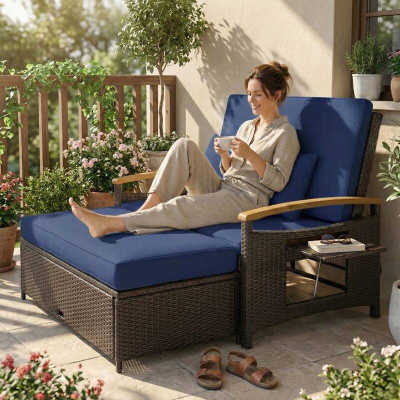 Outsunny Rattan Outdoor Daybed w/4-Level Adjustable Backrest, Patio Sofa Bed w/Loveseat, Storage Ottoman, Acacia Wood Armrest