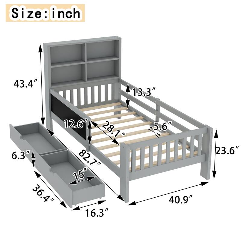 Childlike Fun Solid Wood Low-profile Platform Bed Storage Bed Frame with Side Chalkboard, Open Shelves, Drawers and Guardrails