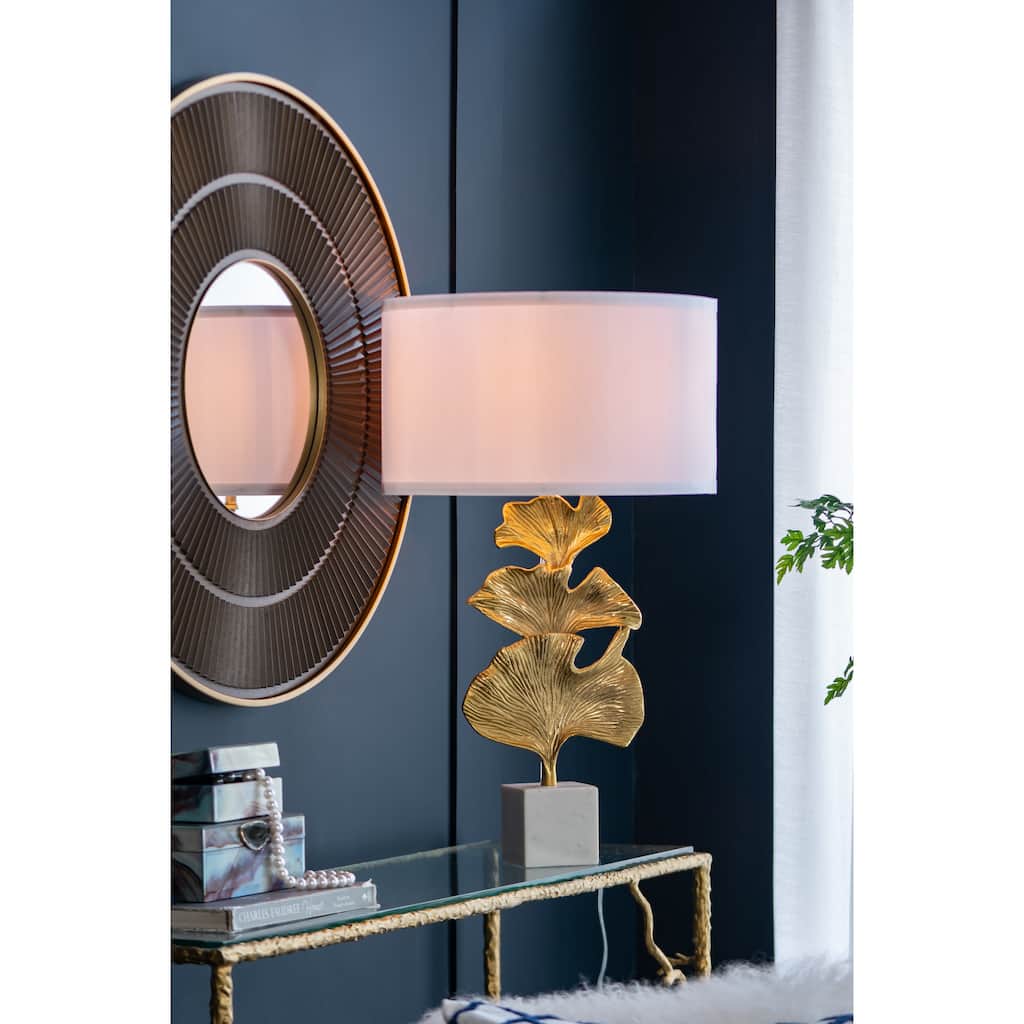 D17x30.2" Gold Ginkgo Leaf Table Lamp with Marble Base and White Drum Shade (Lamp Shade Assembly Required)