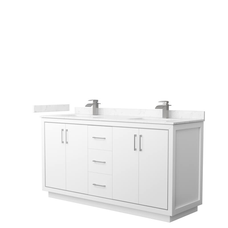Icon Double Vanity Set, Cultured Marble Top, No Mirror - 66-Inch Double - White, Nickel Trim,Carrara Cultured Marble Top