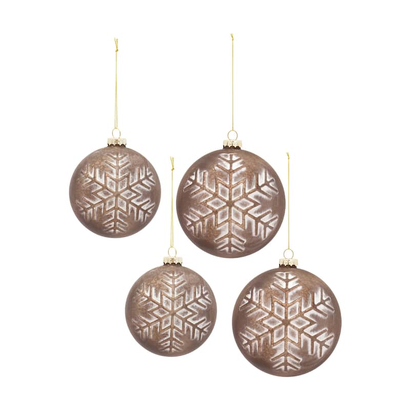 Snowflake Glass Christmas Ball Ornaments 5" (130Mm) Brown White 4Ct