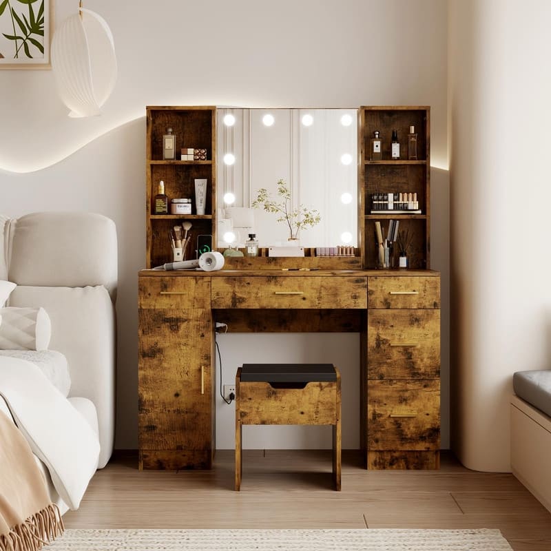 55.7" Dressing Table with LED Lights, Storage Shelves & Stool, Drawers