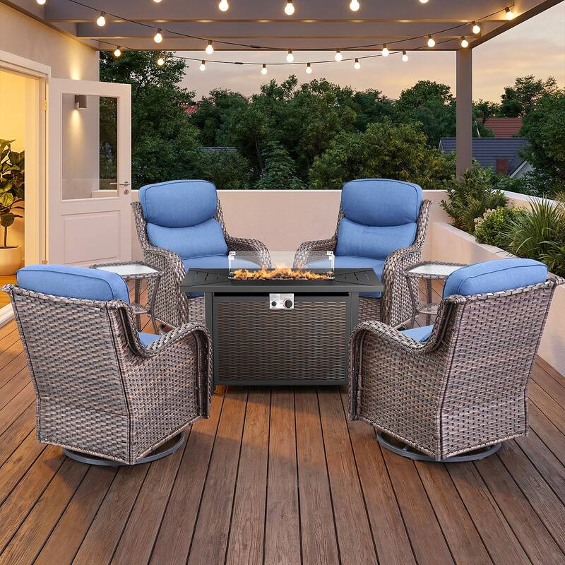 Pocassy 43" Fire Pit Table with Outdoor Swivel Chair Set - Brown Wicker Blue Cushion - 7-Piece Swivel Chair Table w/ Fie Pit Table