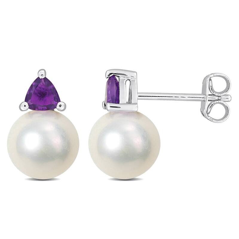 Miadora 8-8.5mm Freshwater Cultured Pearl and 3/8ct TGW Amethyst Stud Earrings in Sterling Silver - 12.6 mm x 8.2 mm x 8.2 mm