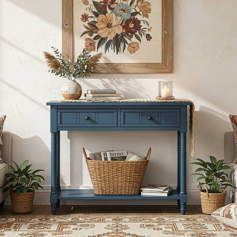 Console Table Traditional Design with Two Drawers and Bottom Shelf