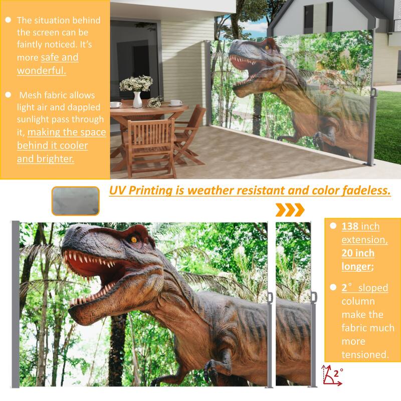 71"x138" Patio Retractable Side Awning Screen, semi-transparent with UV printing, ideal for blocking dust,sunshine and wind