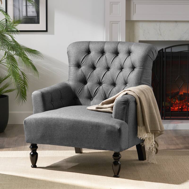 Dark Gray Modern 33.5" Upholstered Club Chair with Wood Legs and Button Tufted Cushions