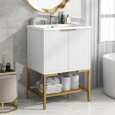 24 Inch MDF Freestanding Bathroom Vanity Set in White with Integrated Ceramic Sink