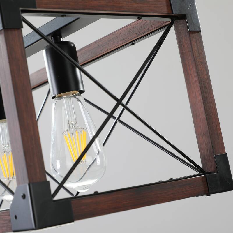 Chandelier Ceiling Lighting with Rectangular Solid Wood Frame, Living Room Hanging Light with Adjustable Height, Red Black