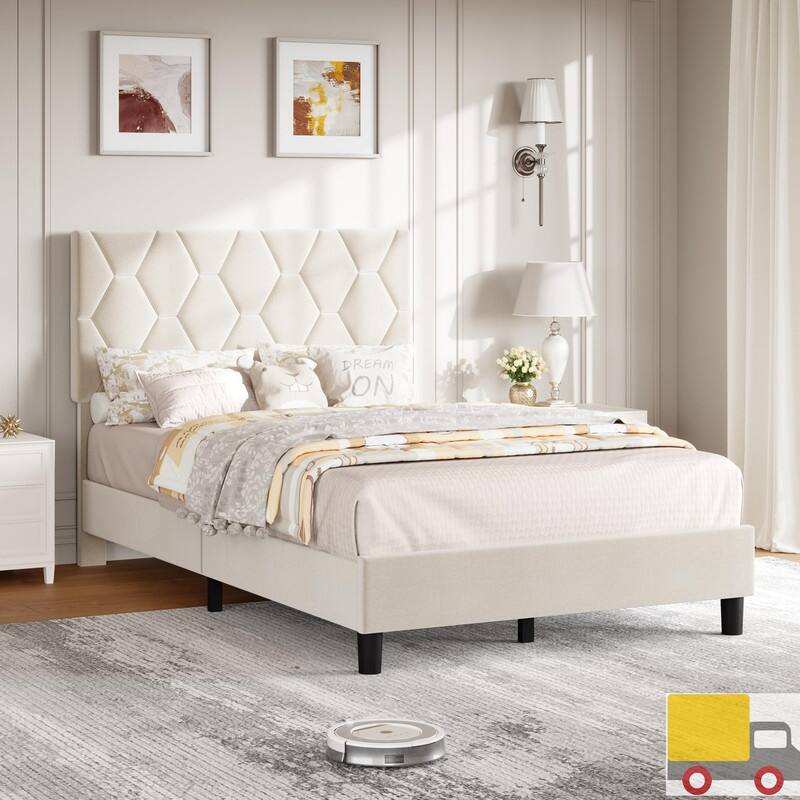 Upholstered Platform Bed Frame with Adjustable Headboard - Twin - Beige