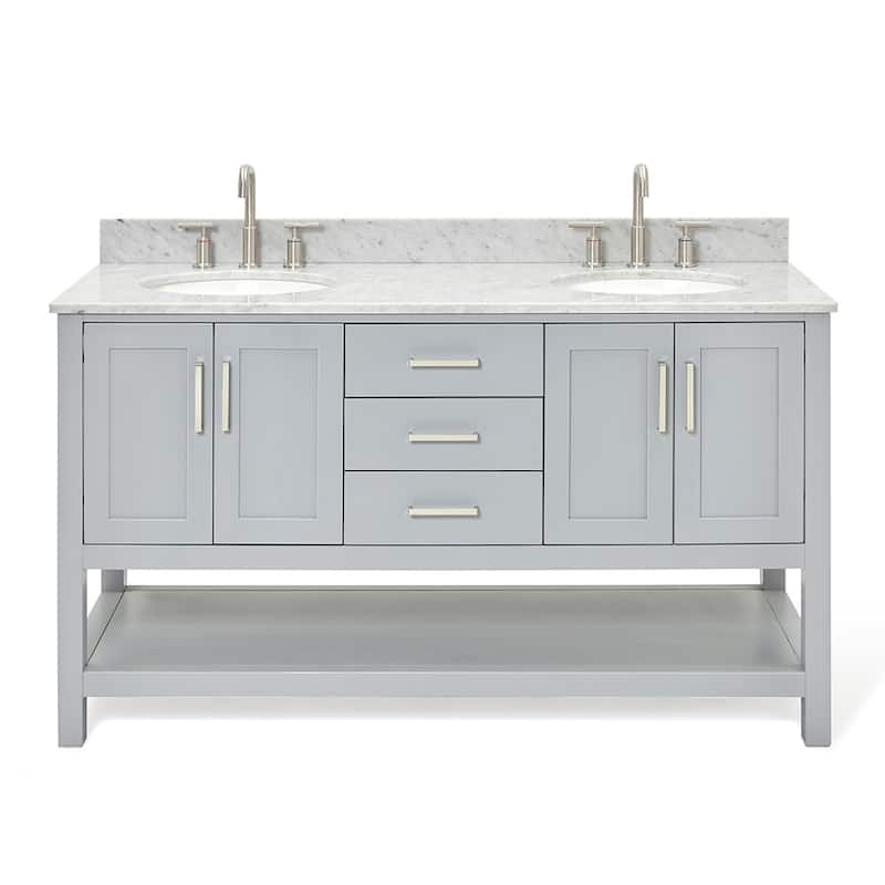 Ariel S061DCW2OVO Magnolia 60" Free Standing Double Basin Vanity Set - Grey / Carrara White Top - Steel Finish