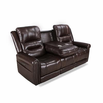 Leather Nailhead Dropdown Table and Adjustable Headrest Power Reclining Sofa