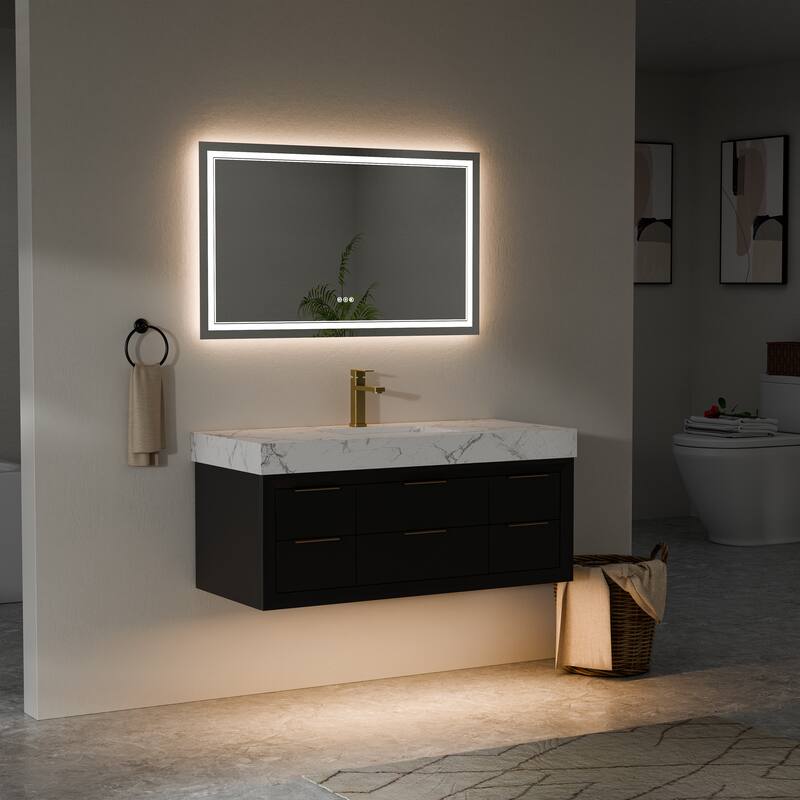 Modland 36/48/60 Inch Black Floating Bathroom Vanity with ETL LED Lights & Soft-Close Drawers, Waterproof Rubberwood