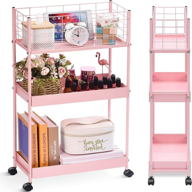 3-Tier Metal Rolling Utility Cart - 7.48"D x 16.7"W x 31.18"H - Pink