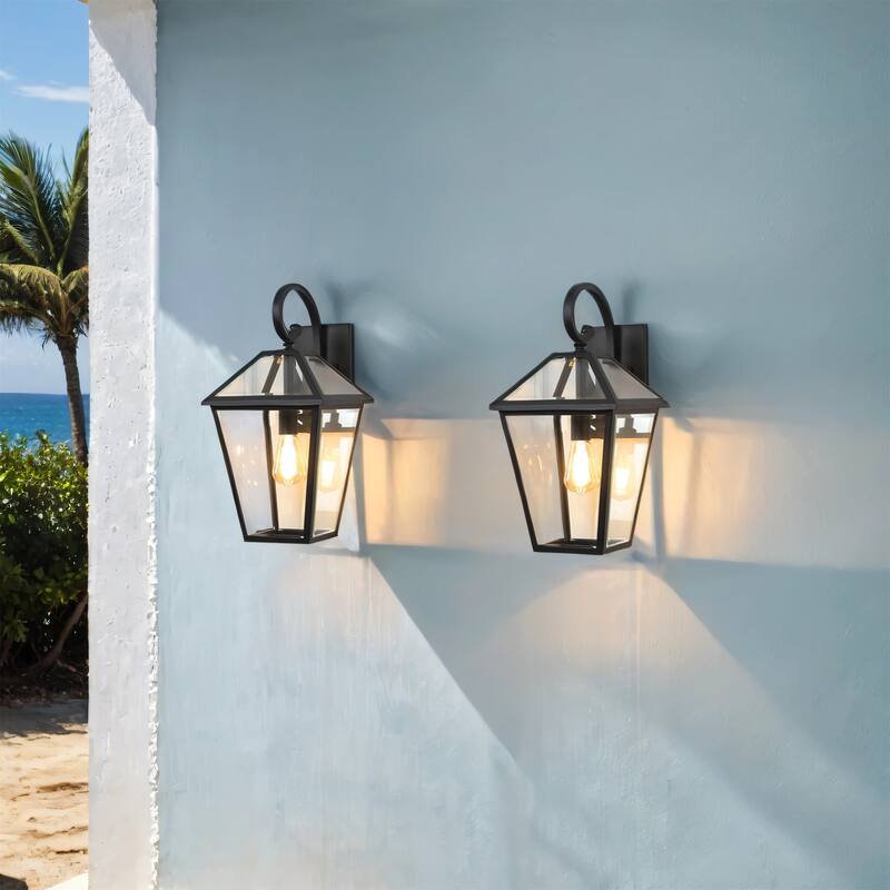 10" 2-Pack Black Outdoor Wall Lanterns with Clear Glass Panels