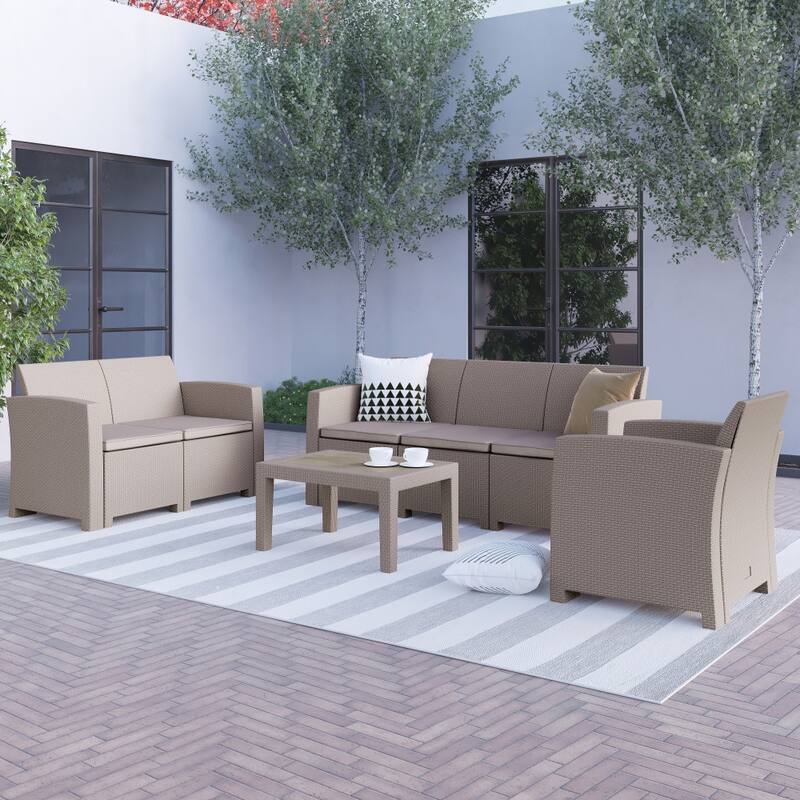 4 Piece Outdoor Faux Rattan Chair, Loveseat, Sofa and Table Set