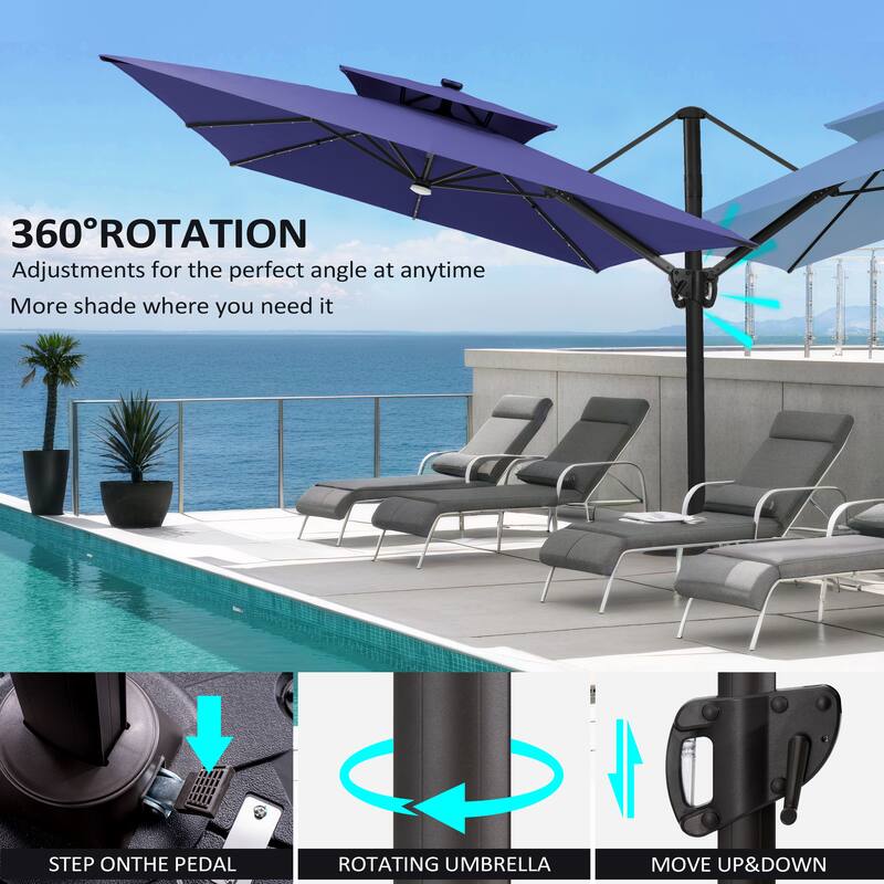 9 X 11 FT Outdoor Patio Cantilever Umbrella with Solar Lights Rod Wheel Base Double Canopy 360 Rotation Tilt
