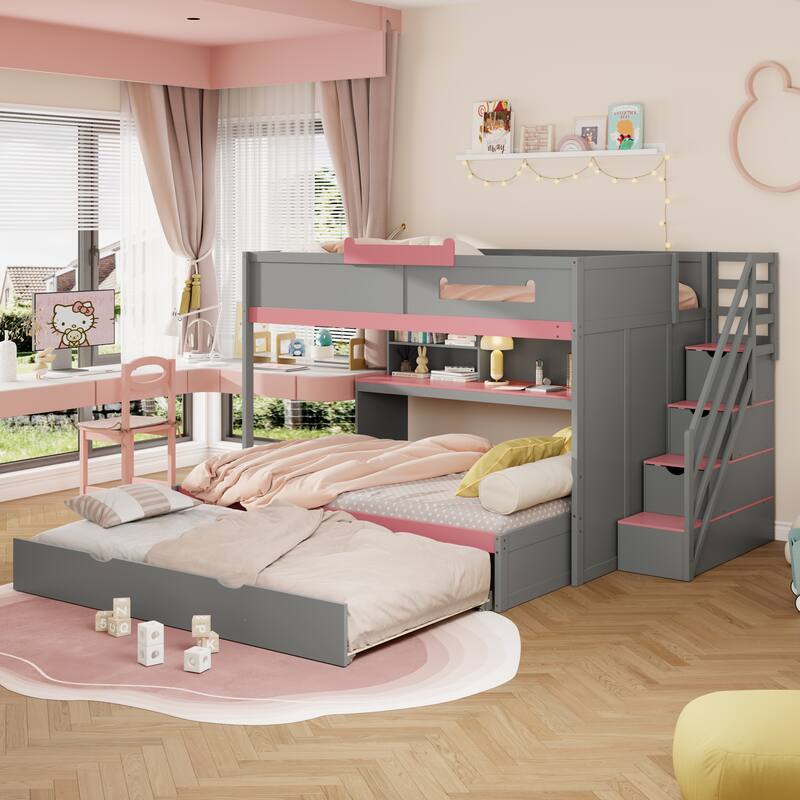 Full Over Full Bunk Bed with Twin Trundle, Staircase, Shelves & LED Lighting - Grey - Full